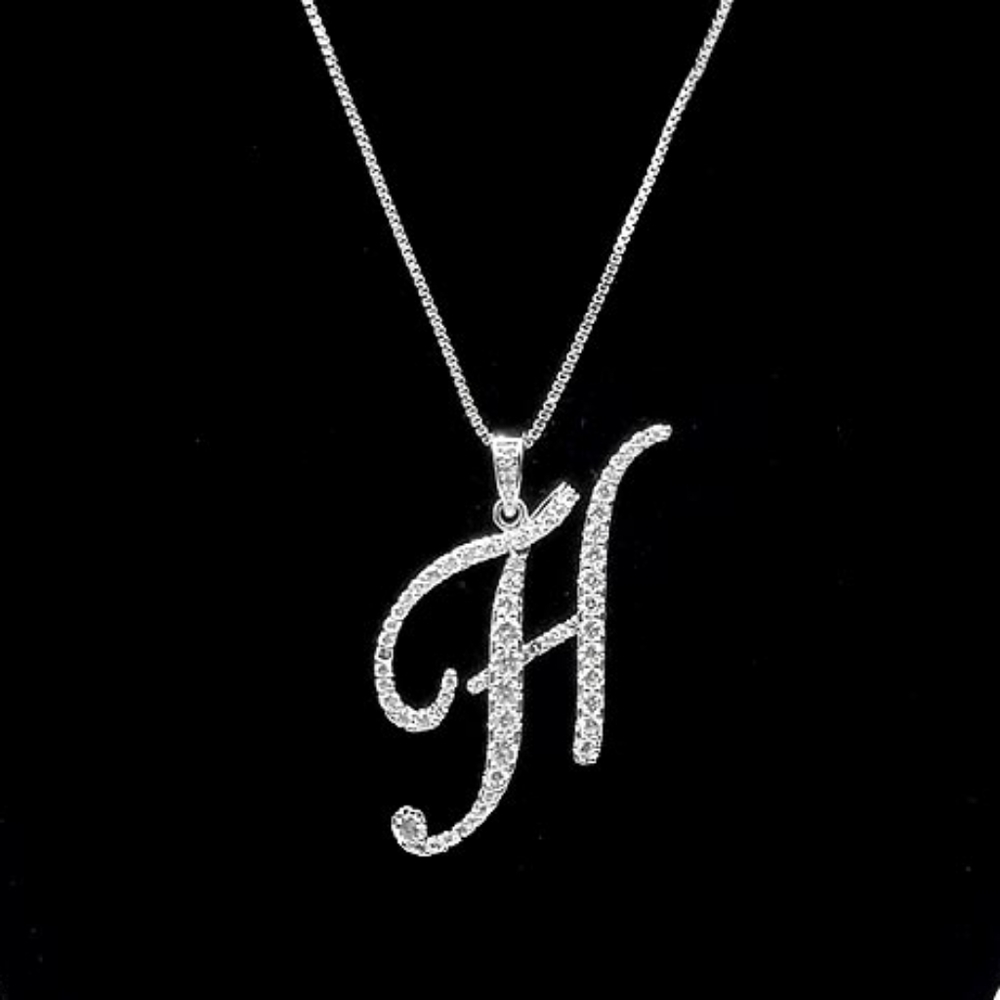 Silver H CZ Monogram Pendant Chain Necklace Rhinestone Crystal Initial Charm